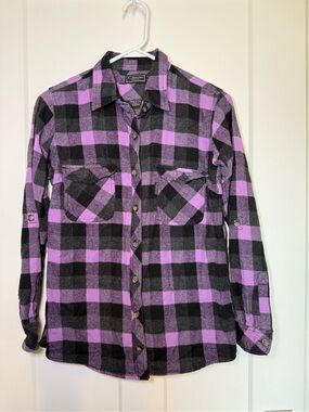 Women’s Purple & Black Plaid Button-Down Flannel 100% cotton